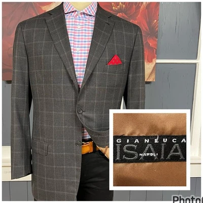 Vintage Isaia 👉Flaw👈 Hopsack Blazer Mens 44L Long Wool Gray/Brown Napoli - Image 1 of 4