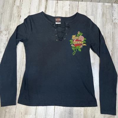 Harley Davidson V-Neck Rose Heart Black LS T-Shirt Maryville Tn, Women's Size M - Image 1 of 4