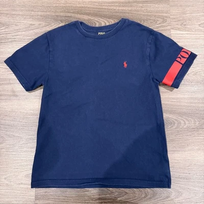 Polo Ralph Lauren Navy Blue Kids T-Shirt Red Pony Striped Sleeve Size M 10-12 - Image 1 of 4