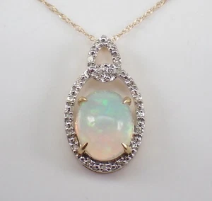 Yellow Gold Opal and Diamond Pendant Necklace 18 inch Chain October Birthstone - Picture 1 of 5