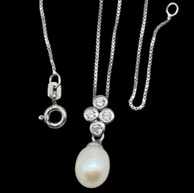 COLLANA DONNA FIRMATA ARGENTO 925 LACCIO CIONDOLO PERLA NATURALE OVALE ELEGANTE - Immagine 1 di 4