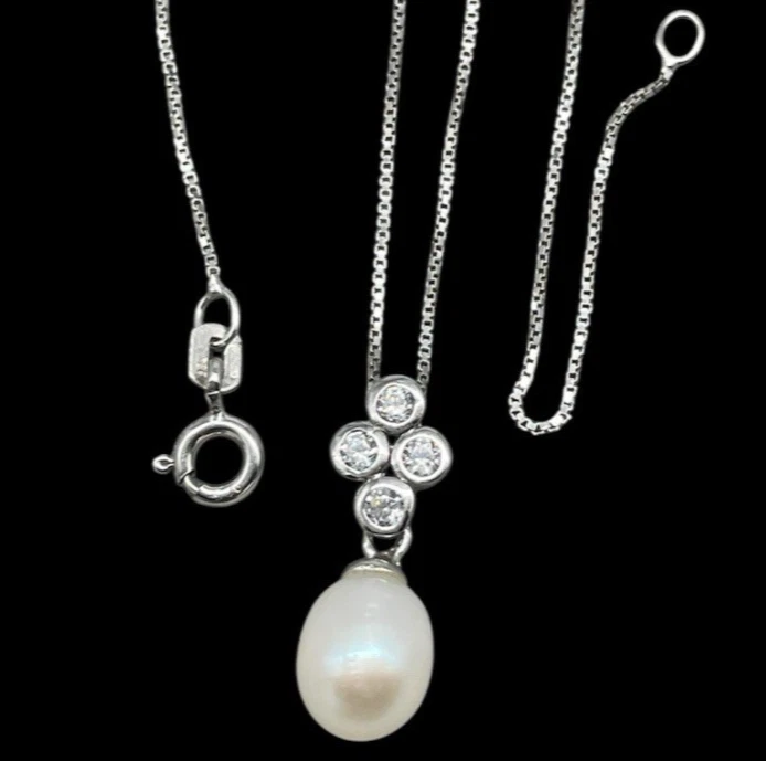 COLLANA DONNA FIRMATA ARGENTO 925 LACCIO CIONDOLO PERLA NATURALE OVALE ELEGANTE - Immagine 1 di 4