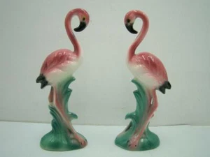 FLAMINGO PAIR CIRCA 1940s -1950s RETRO 8 INCHES HIGH CERAMIC - Picture 1 of 10