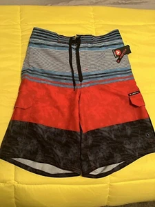 Airwalk Mens Board Shorts Swim Trunks Blue Red Stripe Drawstring Pockets L Large - Picture 1 of 3
