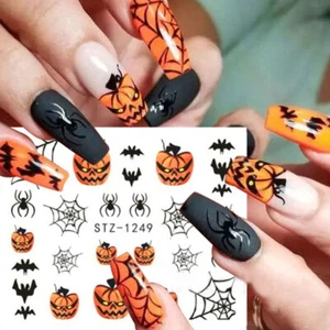 Nail Art Water Decals Stickers Halloween Pumpkins Spider Spiders Web Bat - Foto 1 di 12