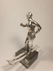 RARE STATUE SCULPTURE BRONZE ARGENTE SKIEUR - Foto 1 di 19