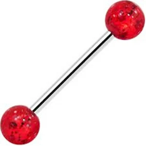 Barbell Tongue Nipple Ring Acrylic/Steel 14 Gauge 5/8" 6mm Glitter Red SET of2 - Picture 1 of 3