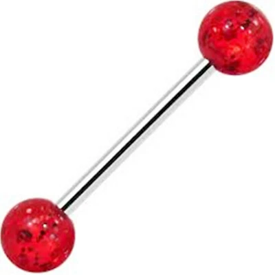 Barbell Tongue Nipple Ring Acrylic/Steel 14 Gauge 5/8" 6mm Glitter Red SET of2 - Image 1 of 3
