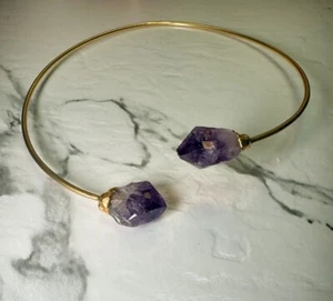 Raw Amethyst Gemstone Crystal Gold Plated Cuff Adjustable Necklace RRP $399 New - Picture 1 of 2