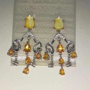 Yellow Mother of Pearl and Multi Gemstone Tulip Flower Earrings in Sterling Silv - Picture 1 of 4