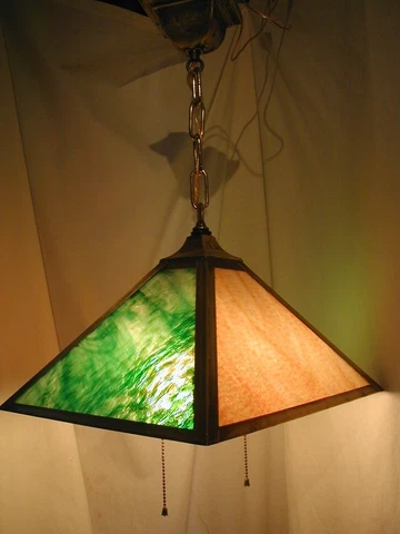 Antique 20s Arts Crafts slag glass Square Light Fixture Shade Canopy Pull chain Cover