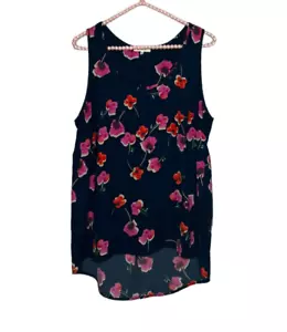 Anthropologie Medium M Pleione Navy Blue Floral Hi Low Scoop Neck Tank Top - Picture 1 of 4