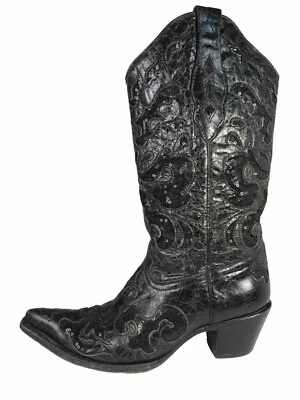 Botas de vaquero Corral Sequence para mujer talla 9 M negras con incrustaciones de cuero de cabra brillantes Foto 1 de 4