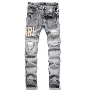 Herren grau Denim Jeans gerades Bein schmale Passform Stretch gerissene Löcher Hose - Bild 1 von 11