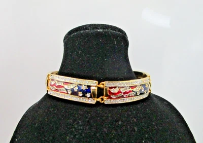 2005 Patriotic Red Blue Rhinestone US Flag Gold Tone Bracelet by A D - Image 1 of 4