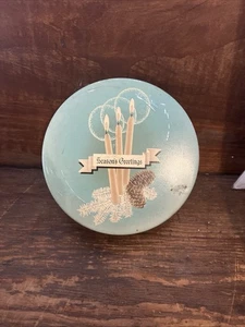 Vintage Christmas Candy Tin Round 9” With season’s Greetings Candles & Pinecones - Picture 1 of 7