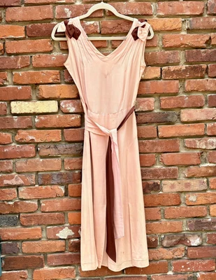 Antique Vintage 1930s Silk Rayon Pink & Brown Sleeveless Dress w/ Belt AS IS - Image 1 of 4