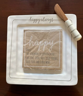 Mud Pie Happy Always Serving Plate with Wood Spreader Knife and Happy Napkins - Image 1 of 4