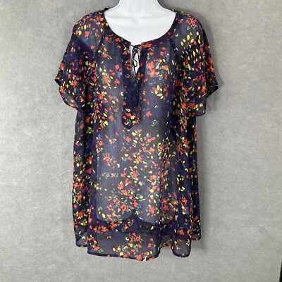 Liz Claiborne Womans Sheer Blouse Sz 2X Floral Artsy Cap Sleeve Charming - Image 1 of 4
