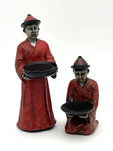 2 Asian Statues Standing Kneeling Incense Burner Offering Plates Figurines Resin - Picture 1 of 7