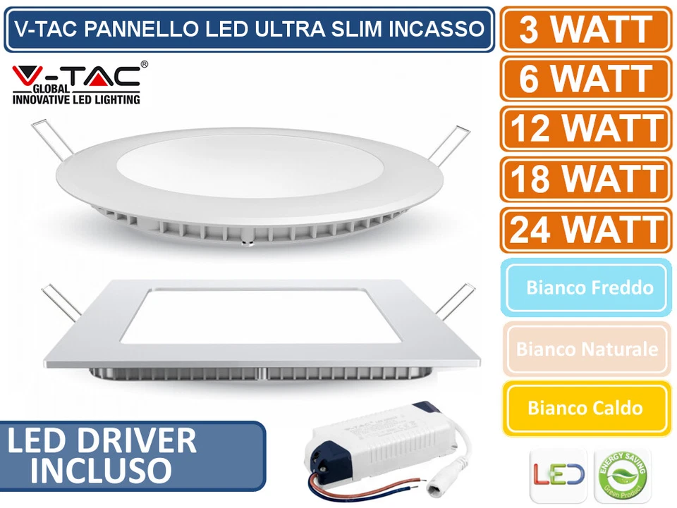 PANNELLO LED V-TAC FARETTO INCASSO 3W 6W 12W 18W 24W QUADRATO TONDO ULTRA SLIM - Immagine 1 di 1