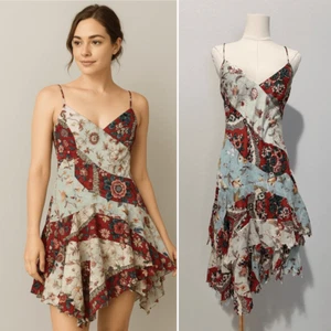 Ralph Lauren Patchwork Floral Raw Hem Dress 4 Fairy Boho Cottage Grunge Neu mit Etikett - Bild 1 von 13