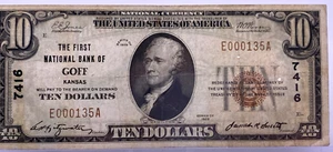 1929 $10 Goff Kansas First National Bank Note. (LOW SERIAL). Lot.74 - Picture 1 of 8