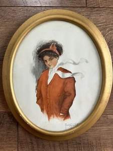 Antique Framed Print Pearle Eugenia Fidler Cameo Oval Girl Woman Sweater LOVELY! - Picture 1 of 2