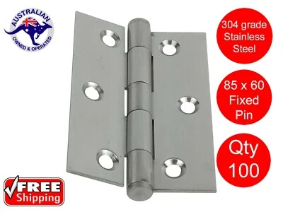 100 X STAINLESS STEEL DOOR HINGES 304 grade 85 x 60 BUTT HINGE FIXED PIN  - image 1 of 4
