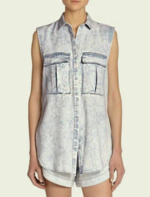 Helmut Lang Size Small Sleeveless Soft Denim Side Slit Shirt in Acid Wash Chambr - Image 1 of 4