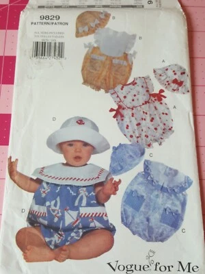Vintage Vogue Patterns 9829 Baby Rompers Caps Hats Sizes NB to 29#  UNCUT - Image 1 of 4