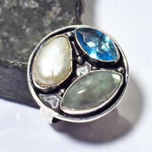 Labradorite Blue Topaz Ethnic Handmade Ring Jewelry US Size-8.5 AR 52067