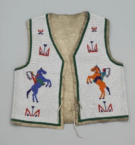 Chaleco Powwow estilo Sioux americano antiguo totalmente con cuentas delanteras gamuza oculta espalda NV55 - Imagen 1 de 3