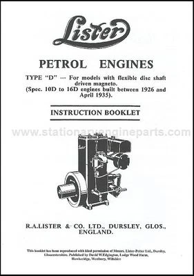 Lister D Stationary Engine Instruction Manual Book 1926-1935 Early Lister D Book