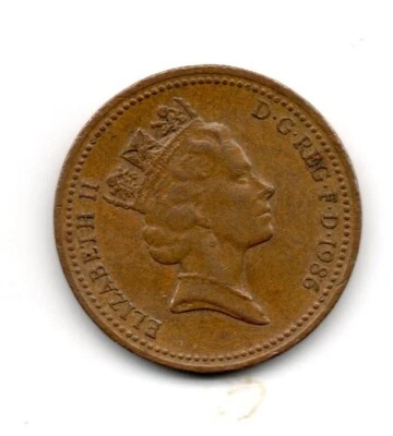 Reino Unido 1986, 3er retrato coronado Isabel II, portcullis coronado, 1 penique Foto 1 de 2