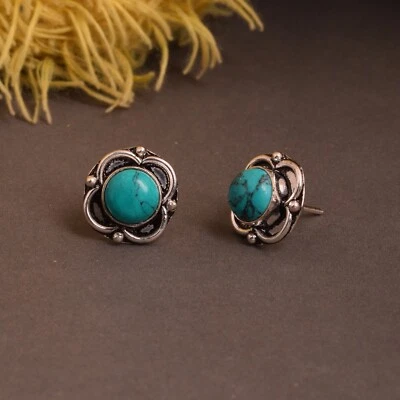 Aretes enchapados de plata turquesa azul con flores para mujer Foto 1 de 3