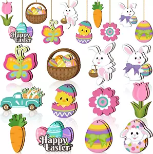 24 Pcs Spring Easter Wooden Ornaments Flower Bunny Egg Hanging Sign for Tree Eas - Picture 1 of 12