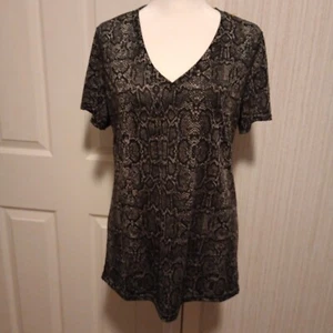 Danskin Now Women's Sheer Top Size L Black Python Print Semi Fitted V-Neck, LNC - Picture 1 of 13