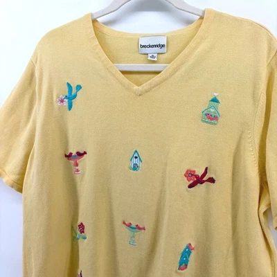 De Colección Para Mujer Amarillo Bordado Pájaro Floral Manga Corta Tejido XL Grannycore Foto 1 de 4