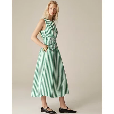 Vestido J.Crew Jacinto Midi WMNS S Verde Blanco Rayas Cintura Ajustada Algodón Popelina Foto 1 de 4