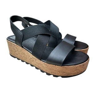 Sorel Cameron Wedge Slingback Sandals Size 11 Black Straps Cork Platform - Picture 1 of 7
