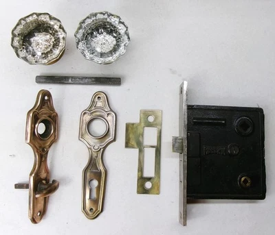 Antique Vintage Bathroom Door Set Art Deco Backplate Glass Knob Mortise Lock - Image 1 of 4
