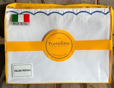 Portofino Embroidered Blue Scallop Queen Size Sheet Set     Crisp Percale Cotton - Image 1 of 4