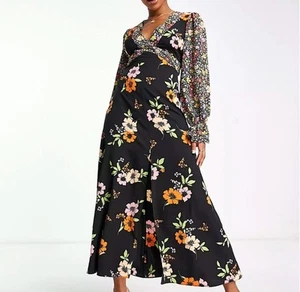 ASOS DESIGN open back LS maxi tea dress in mixed floral prints - NWT - L/XL / 12 - Picture 1 of 4