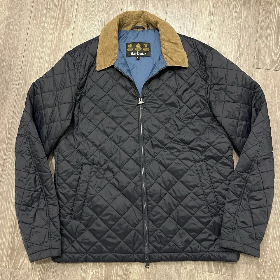 Barbour Helm Jacket Mens Extra Large Blue Brown Corduroy Collar Quilted Full Zip - Image 1 of 4