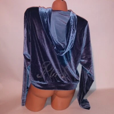 Victoria Secret PINK Hoodie Crop Top Full Zip XXL 2X Velour Bling Logo Blue New - Image 1 of 4