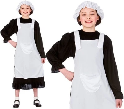 Childrens Girls Poor Victorian Girl Fancy Dress Costume Childs Blk/Wht Outfit W - Image 1 of 2