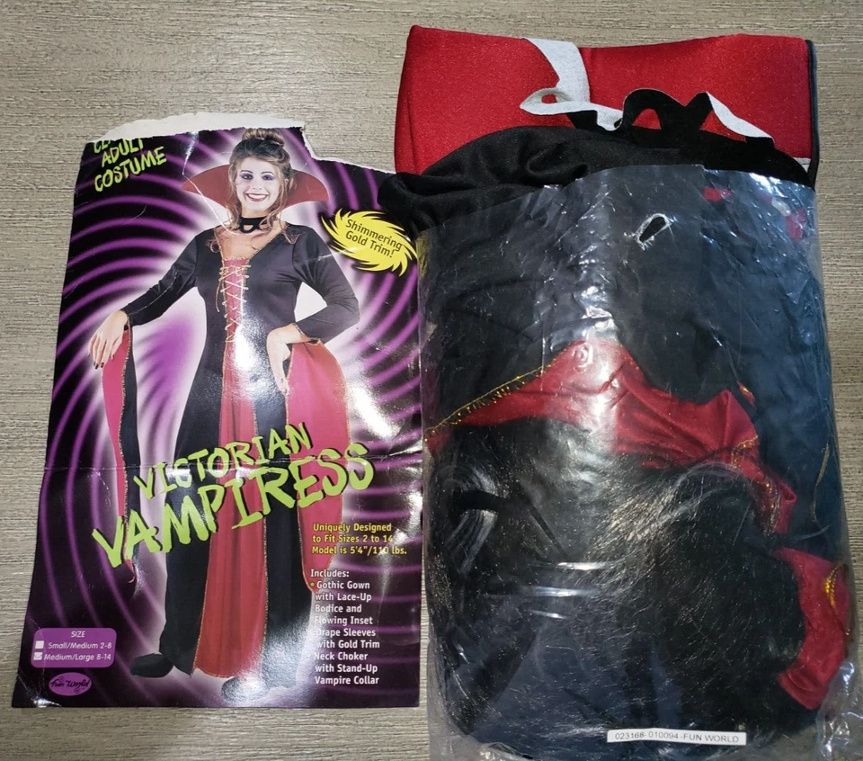 Mujer GRAN VESTIDO NEGRO ROJO DISFRAZ HALLOWEEN VAMPIRO CUELLO PELUCA 3 PIEZAS ¡BONITO! Foto 1 de 1