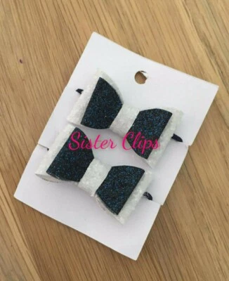 SISTER CLIPS Set of 2 toddler / pigtail 1.5" bow hair bobbles navy blue white glitter