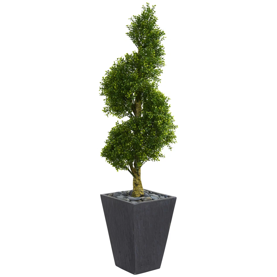 Árbol artificial topiario espiral de boj casi natural de 5’ en decoración de maceta de pizarra Foto 1 de 1